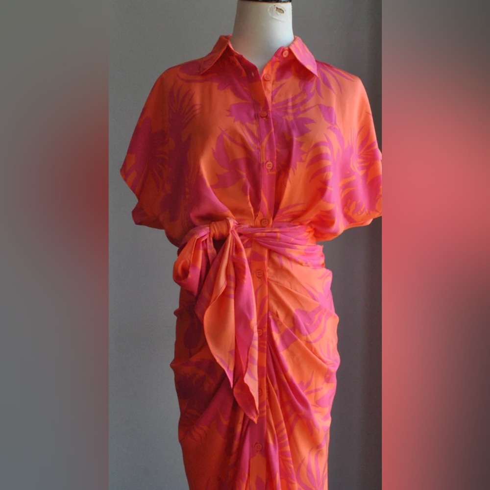 ORANGE AND PINK MIDI DRESS WITH FRONT RUSHING NWT